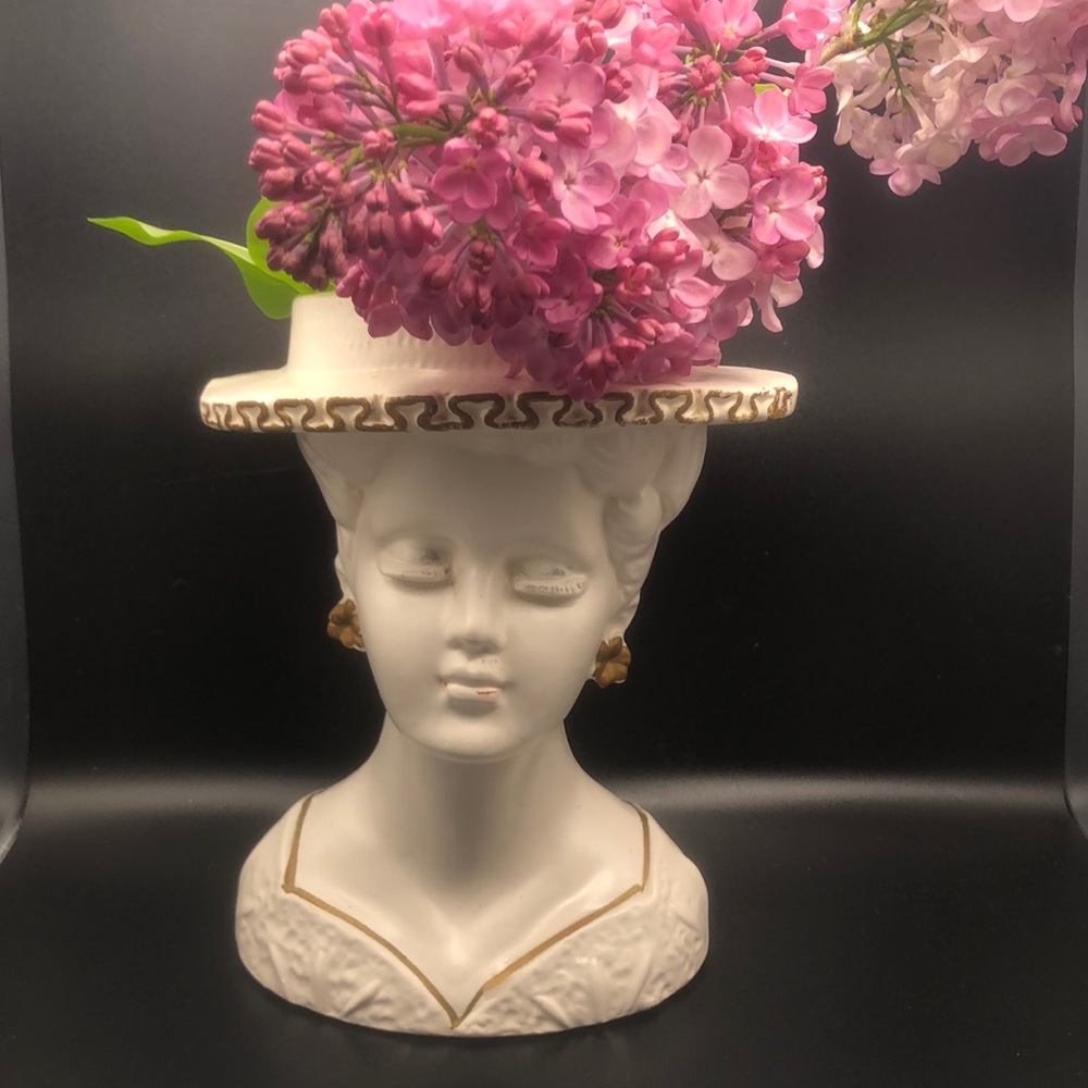 VTG Lady Head Vase, Novelty Midcentury White Gold Japan Rare find